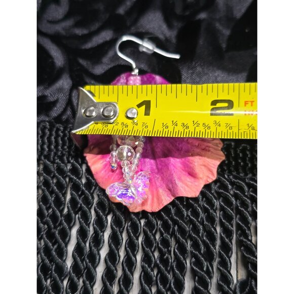 Crafted .925 Sterling Silver Pink Hibiscus Gemstone Ornamental Dangle Earrings - Picture 6 of 6